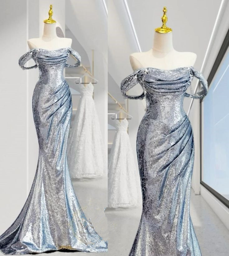 Elegant Mermaid Off The Shoulder Sequin Silver Evening Dress Long Prom Dresses HZ1024