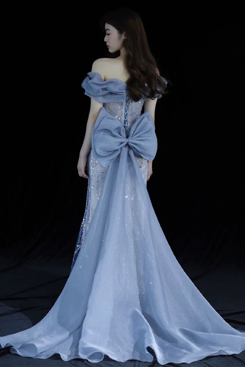 Elegant Mermaid Off The Shoulder Blue Short Sleeves Sequin Evening Dress Long Prom Dresses HZ1024