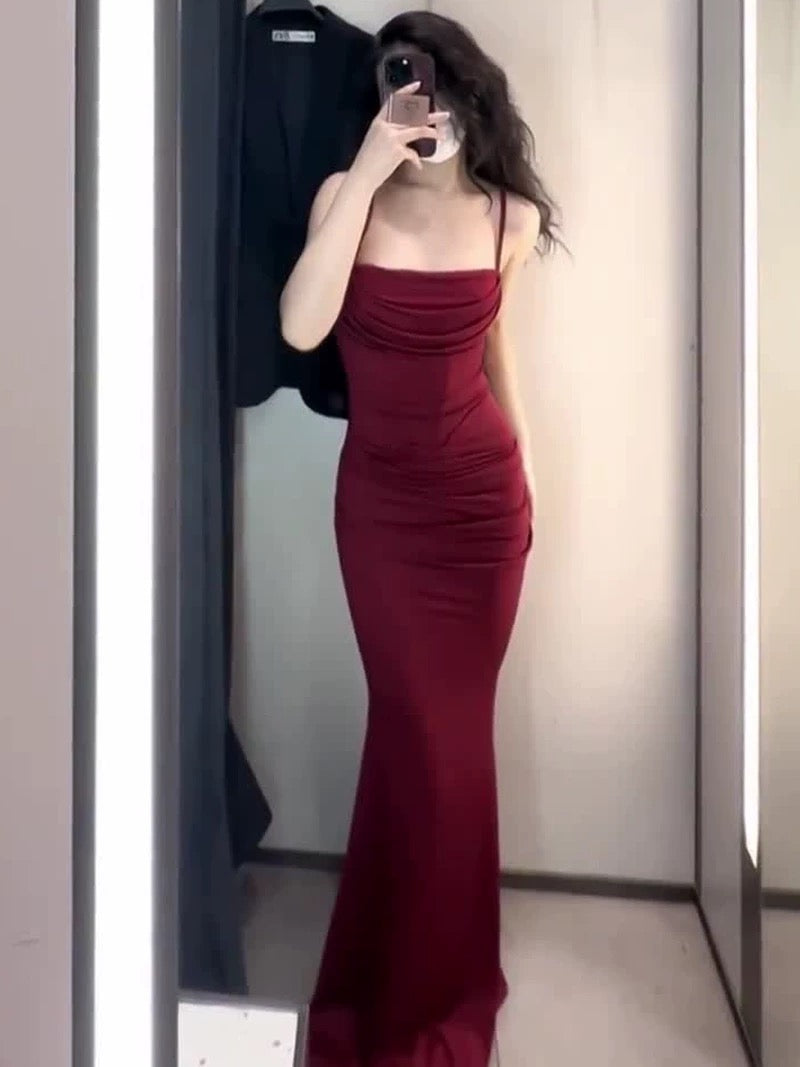 Gorgeous Mermaid Spaghetti Straps Burgundy Evening Dress Prom Dresses Birthday Outfits HZ1024