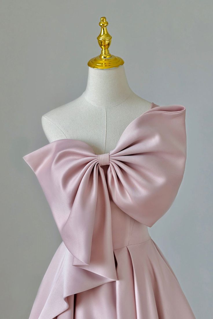 Pretty A line One Shoulder Pink Satin Evening Dress Prom Dresses With Bow HZ1024