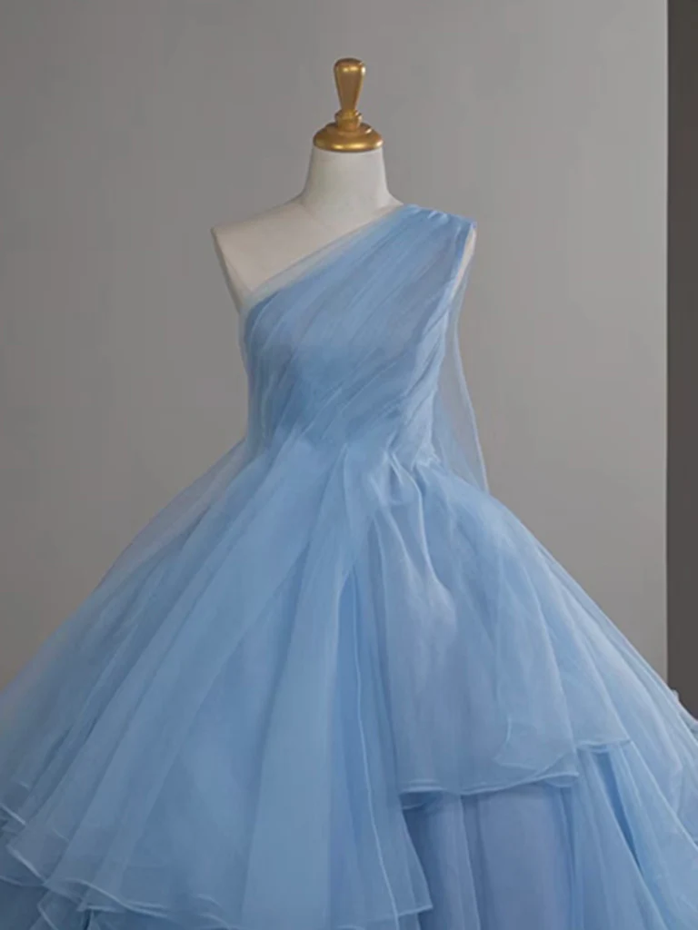 Pretty Ball Gown One Shoulder Tulle Blue Long Prom Dress, Blue Long Evening Dress HZ1024