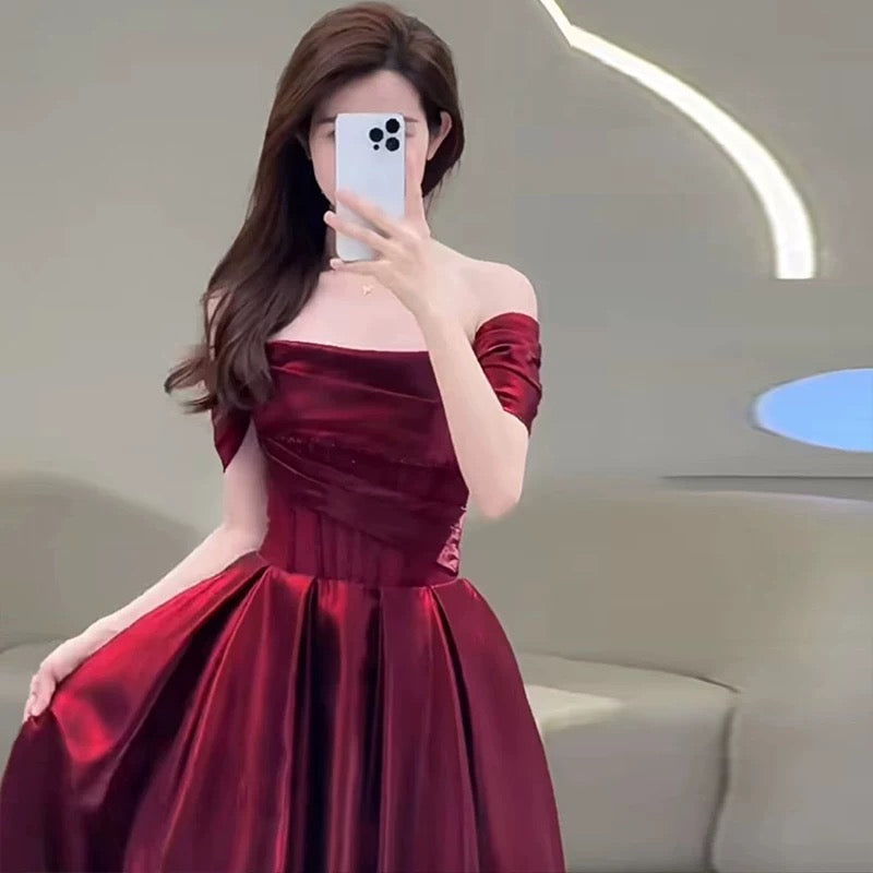 Pretty A line Off The Shoulder Burgundy Satin Long Prom Dresses Party Evening Dress HZ1024