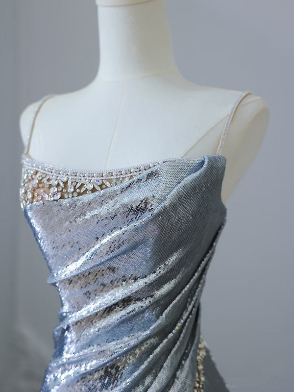 Pretty Mermaid Spaghetti Straps Sequin Blue Long Prom Dresses Party Evening Dress HZ1024