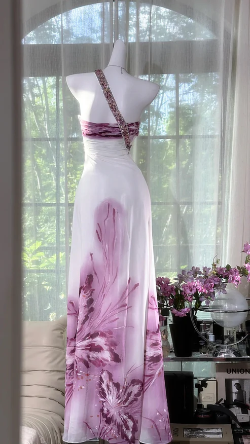 Chic A Line One Shoulder Chiffon Sequin Printed Butterfly Long Prom Dress, Evening Dress HZ1024