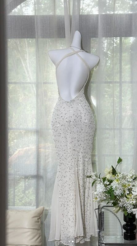 Modest Mermaid Halter Chiffon Sequin Backless Long Prom Dress, Evening Dress HZ1024