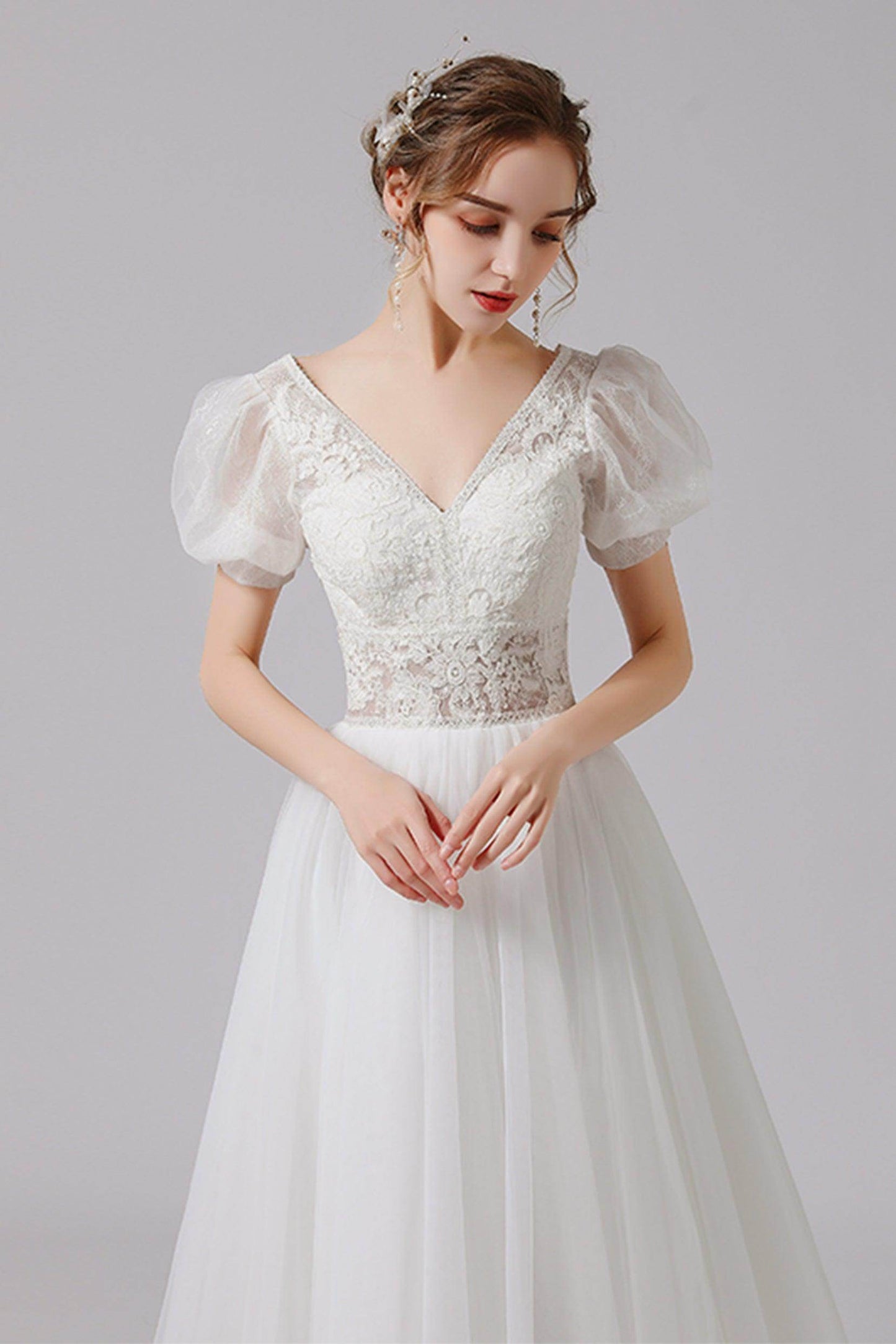 A-Line Floor Length Lace Tulle Wedding Dress CW2707