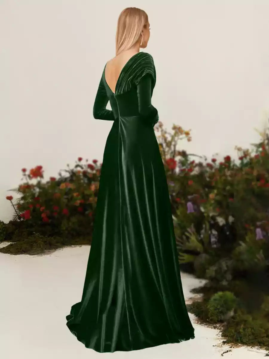 Charming A-line/Princess style asymmetrical long sleeved pleated velvet Mother of the Bride Dresses