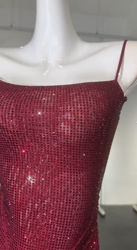 Chic Burgundy Prom Dress Sequins Sheath Spaghetti Straps Evening Dress Sleeveless Birthday Dress DP05215