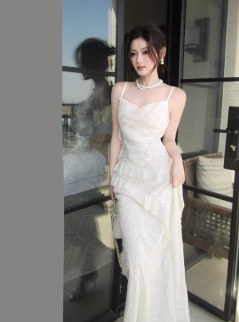Chic Apricot Prom Dress Lace Sequins Sheath Spaghetti Straps Evening Dress Sleeveless Birthday Dress DP05229