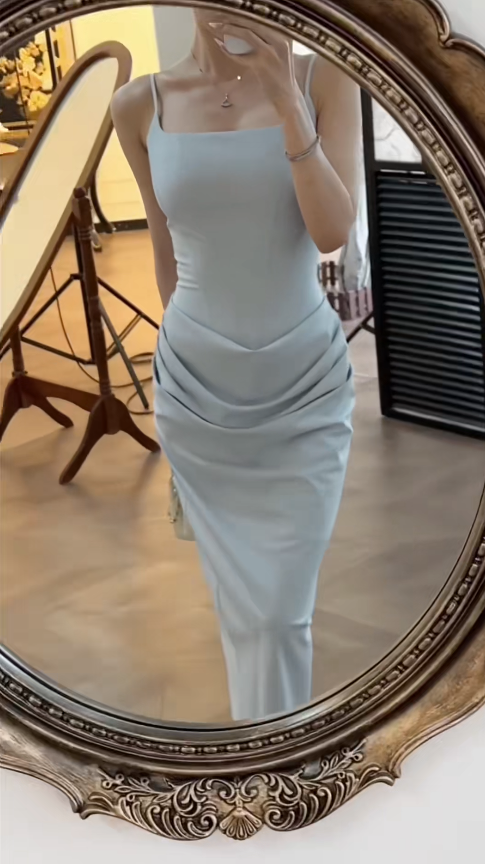 Chic Blue Prom Dress Satin Spaghetti Straps Sheath Evening Dress Sleeveless Birthday Dress DP05245