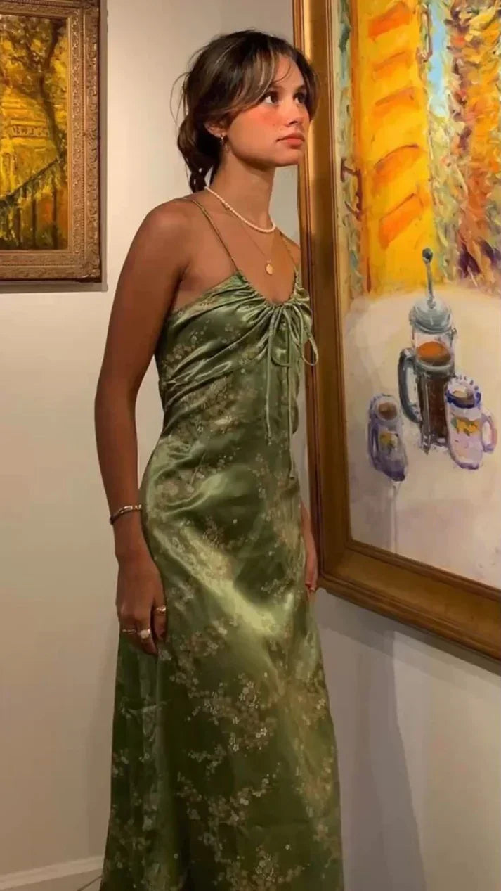 Vintag Green Satin Spaghetti Strap Prom Dress Party Dress Evening Dress HZ1024
