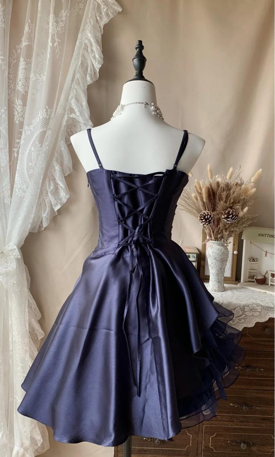 Cute A-Line Short Prom Dresses Spaghetti Straps Satin Birthday Dresses, Navy Blue Homecoming Dresses DP3002
