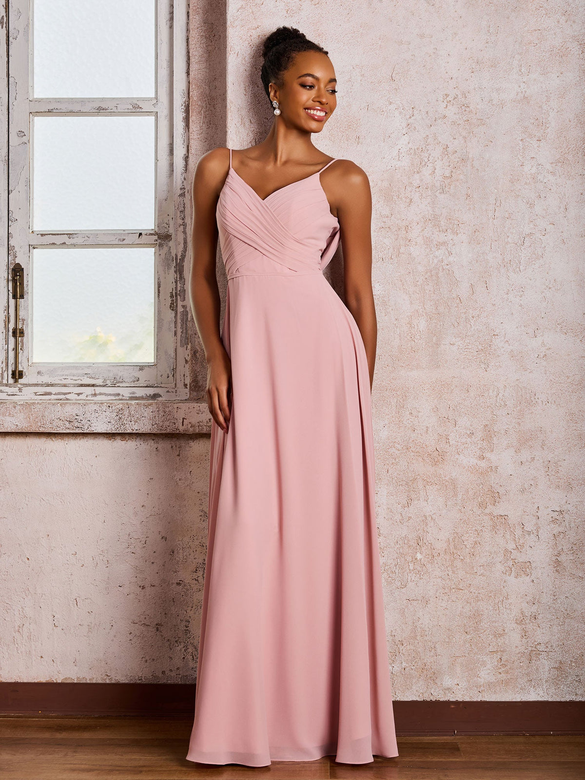 Spaghetti Straps V-neck Pleated A-line Chiffon Dresses Dusty Rose