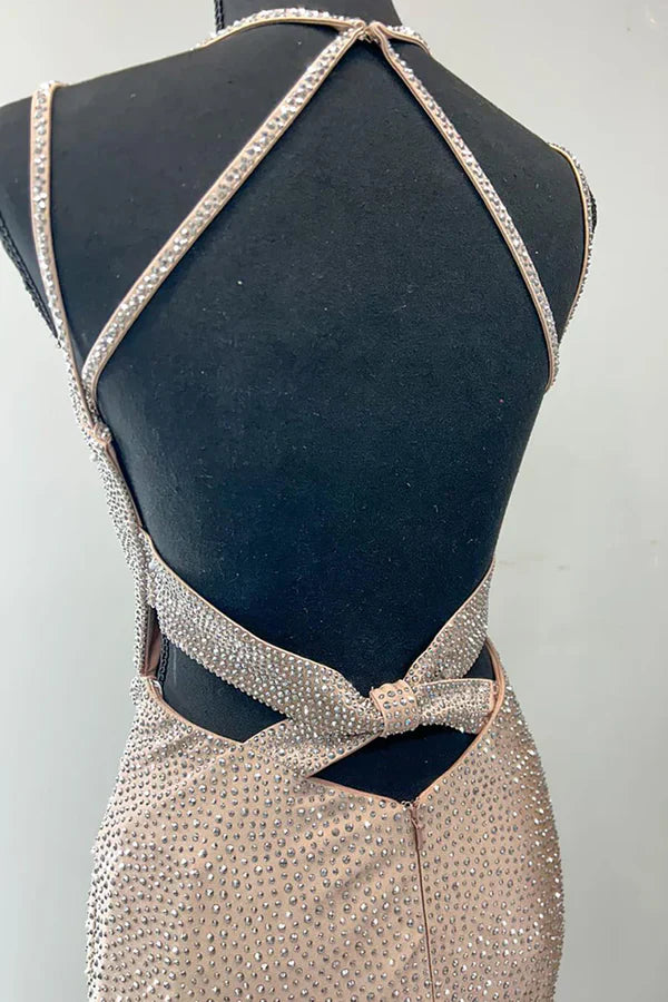 Sparkling Champagne Gold Mermaid V-neck Halter Top With Rhinestone Satin Train Prom Dress Evening Dress cc4852