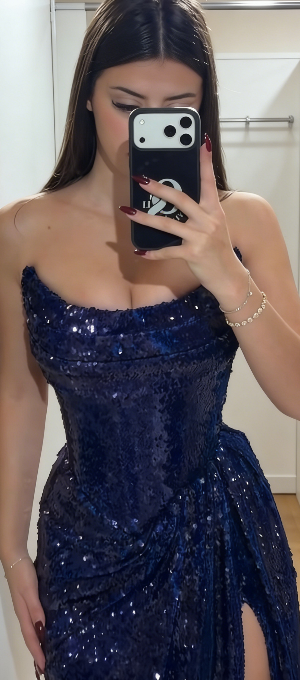 Elegant Strapless Evening Dresses Long Sequins Navy Blue Prom Dress with Slit