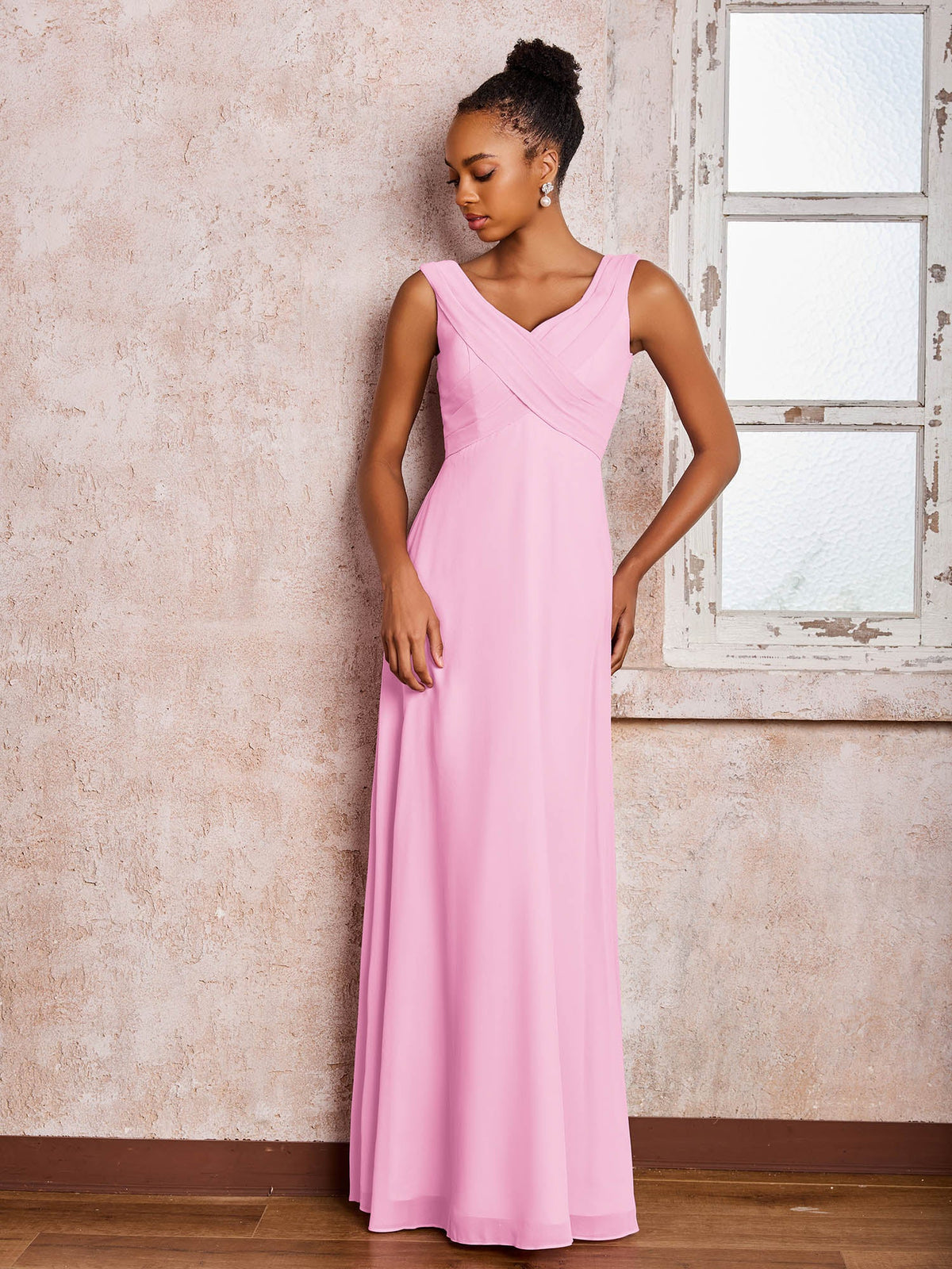 V-neck Pleated Sleeveless A-line Chiffon Dresses Candy Pink