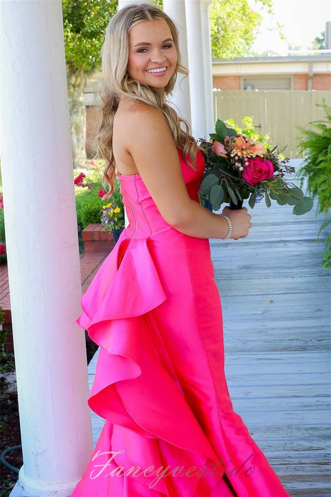 Red Satin Strapless Ruffle Mermaid Long Prom Dress