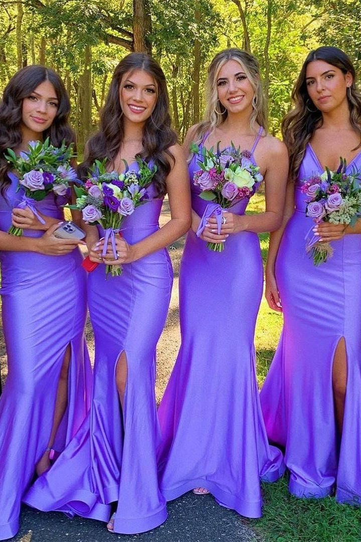 Formal Wear Dresses/Elegant Lavender Straps Long Bridesmaid Dress with Slit