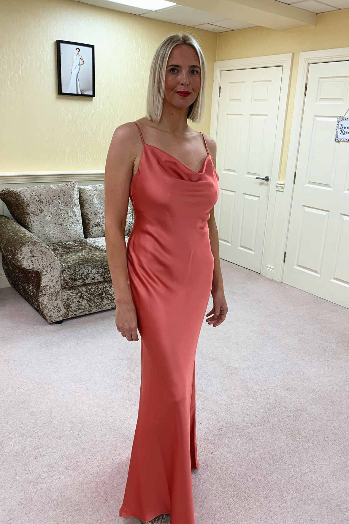 Formal Wear Dresses/Tie Back Cowl Neck Long Coral Bridesmaid Dress
