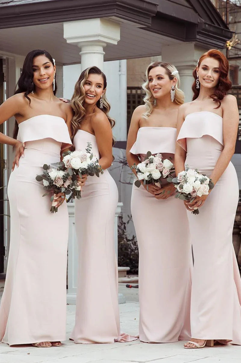 Formal Women's Dresses/Mermaid Floor-Length Strapless Pink Bridesmaid Dresses with Train