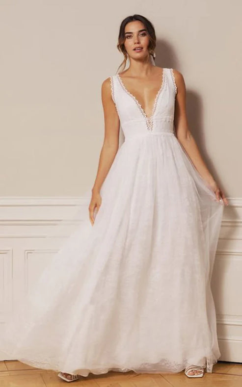 Bohemian Lace Tulle Plunging Neckline A Line Floor-length Deep-V Back Wedding Dress Sexy