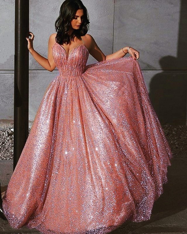 Glitter Tulle Prom Dresses V Neck Spaghetti Straps