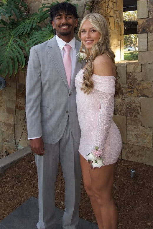 Glitter Pink Off-Shoulder Sequined Long Sleeves Tight Homecoming Dress