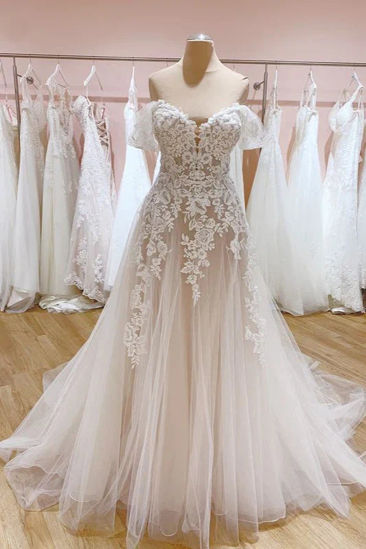 Tulle Lace Wedding Dress Off The Shoulder A-Line Bridal Dress With Sweep Train Elegant