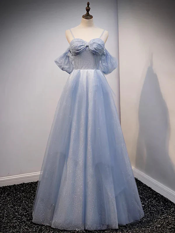 Glitter A-Line Princess Off Shoulder Tulle Gray Blue Long Prom Dress Sparkly Evening Dress