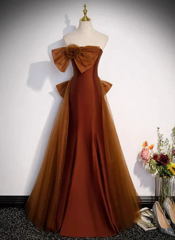 Mermaid Brown Tulle Satin Strapless Long Party Dress Formal Dress Prom Dress With Bow(s)