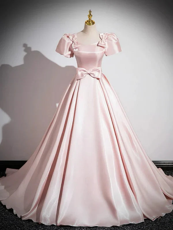 A-Line Satin Pink Quinceanera Dress Long Prom Dress With Bows Short Sleeves