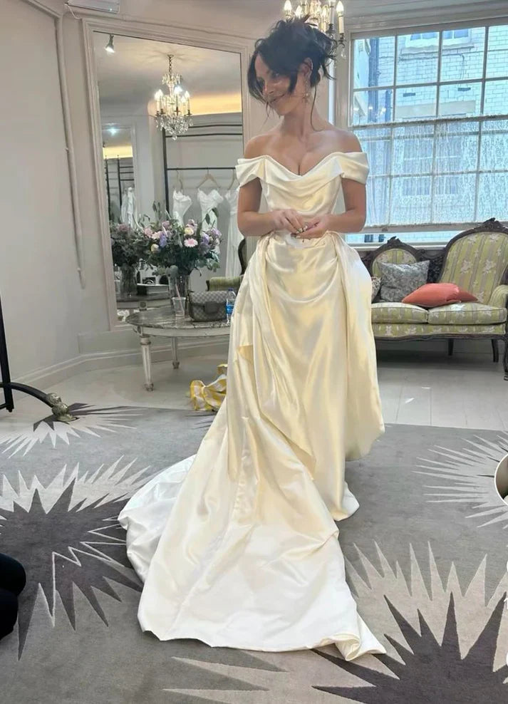 Aimishang Elegant A Line Satin Long Wedding Dress Off The Shoulder Evening Wear