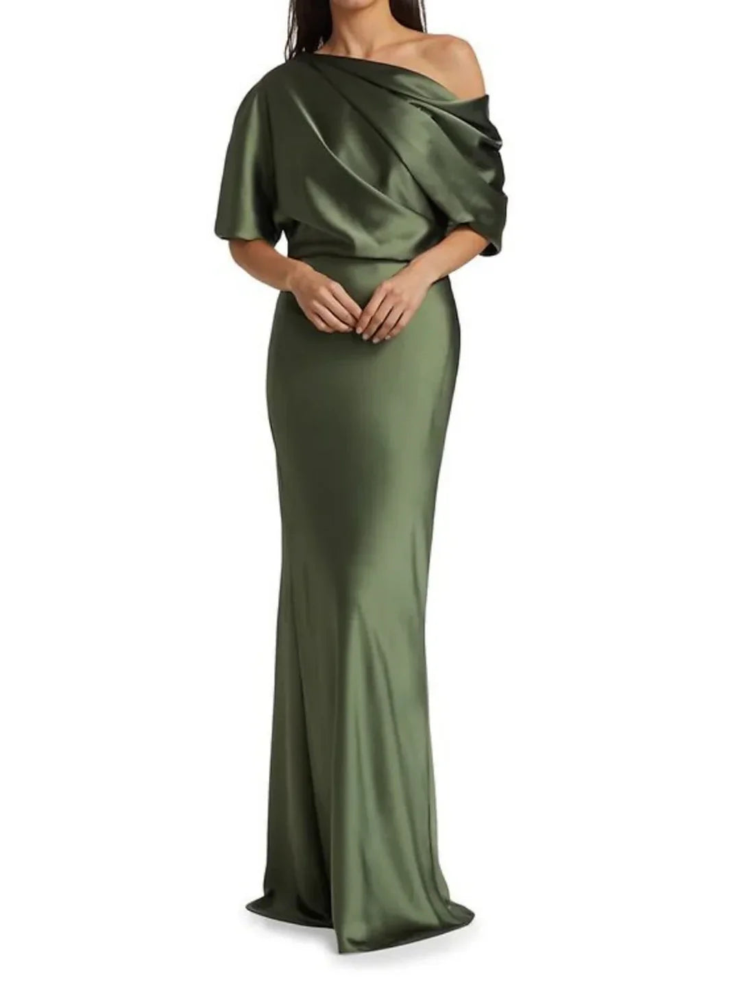 Sheath / Column Mother of the Bride Dress Wedding Guest Elegant Party Off Shoulder Sweep / Brush Train Satin Half Sleeve with Ruching Solid Color