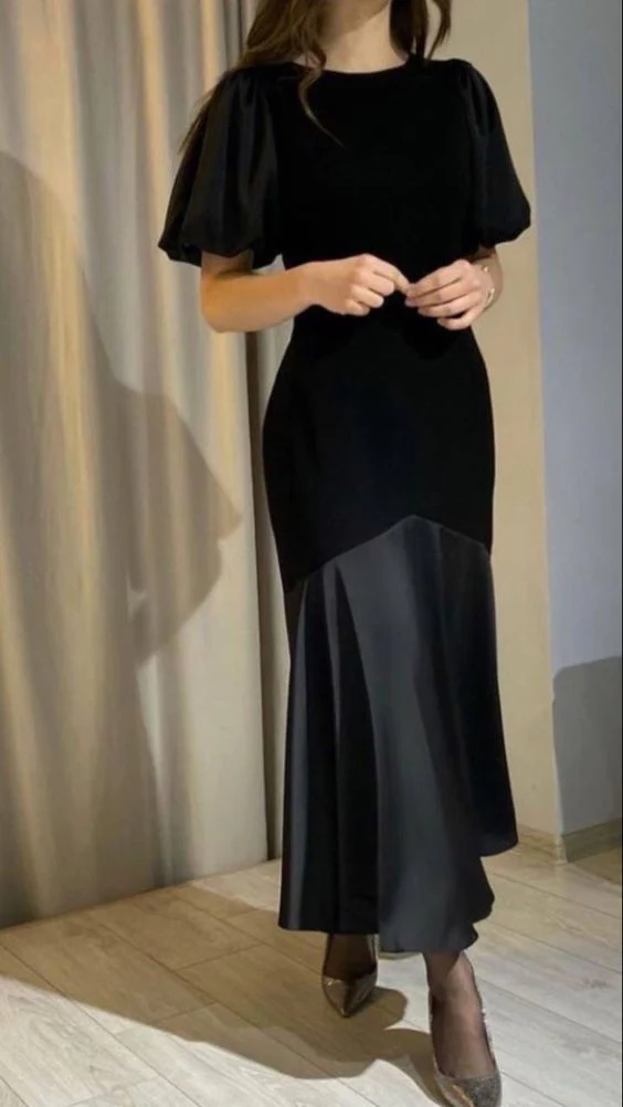 Modest Black Evening Dresses Short Sleeve Formal Dress Woman Elegant