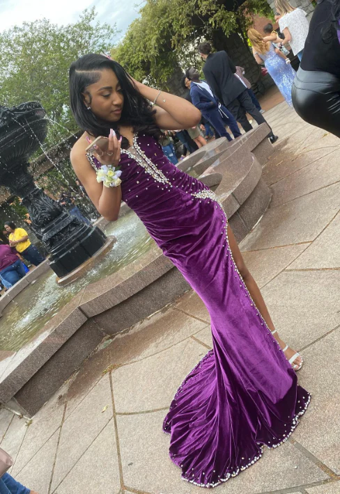 Unique Velvet Mermaid Long Prom Dresses Purple Evening Gowns with Slit
