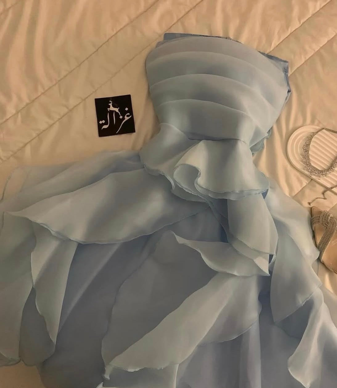 Strapless Sky Blue Prom Dress Ruffled A Line Formal Gown