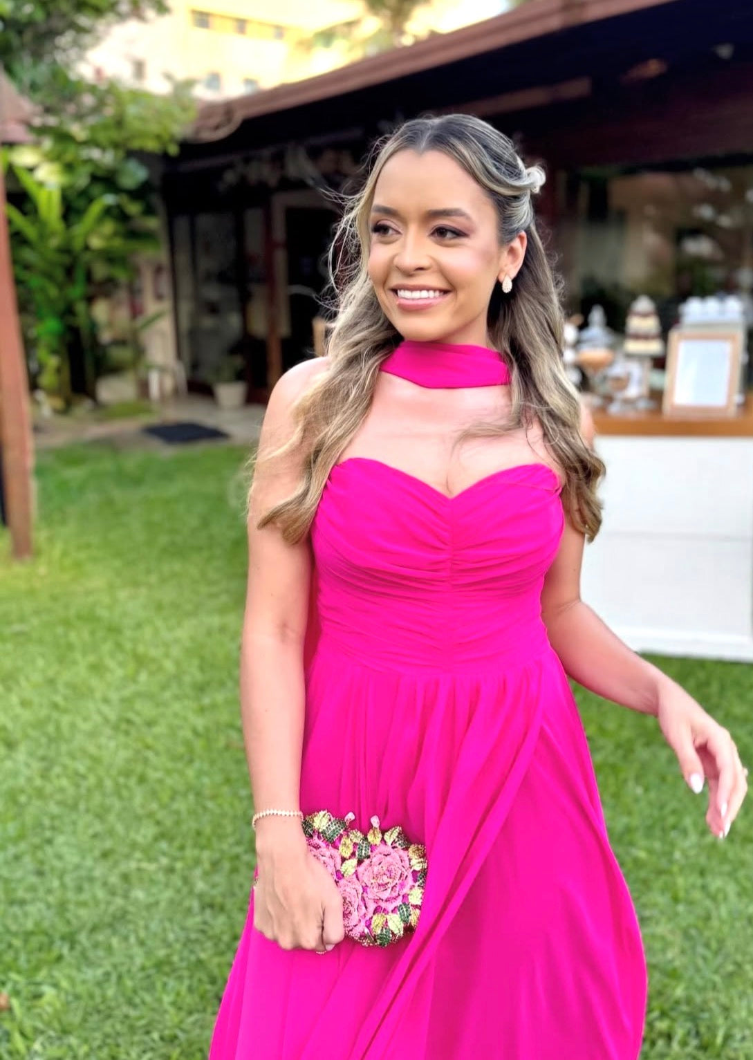 Hot Pink Chiffon Prom Dress A Line Wedding Guest Dress with Scarf
