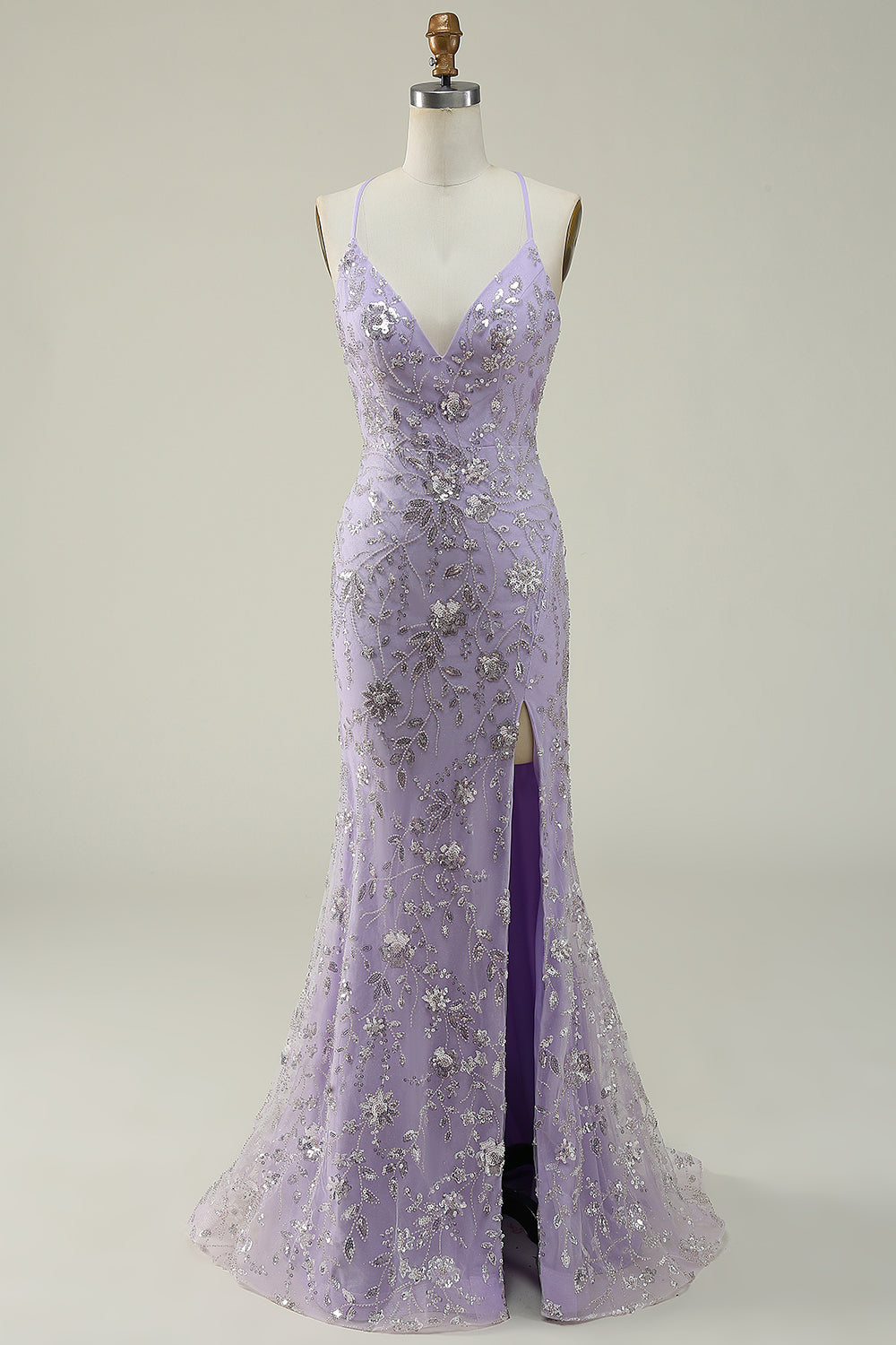 Mermaid Spaghetti Straps Purple Long Prom Dress with Beading V-neck With Slit