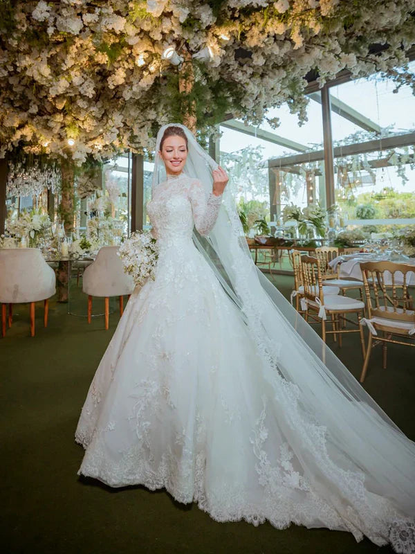 High Neck Boho Lace Long Sleeves Bridal Dress Ball Gown Wedding Dress Elegant Wholesale