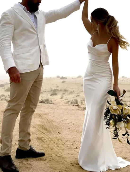 Open Back Casual Wedding Dresses Sleeveless Square Neck Strap Charmeuse Ruched Simple Formal Dress