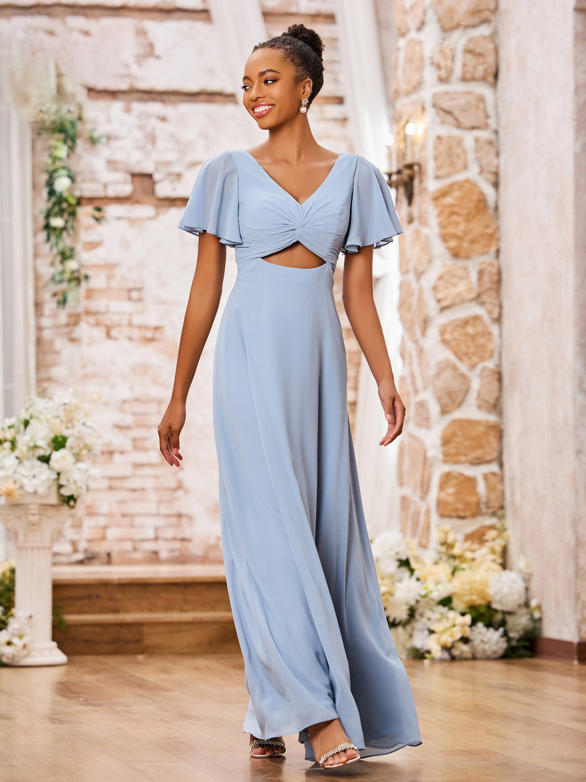 A-line V-neck Chiffon Long Dresses with Cap Sleeves Dusty Blue