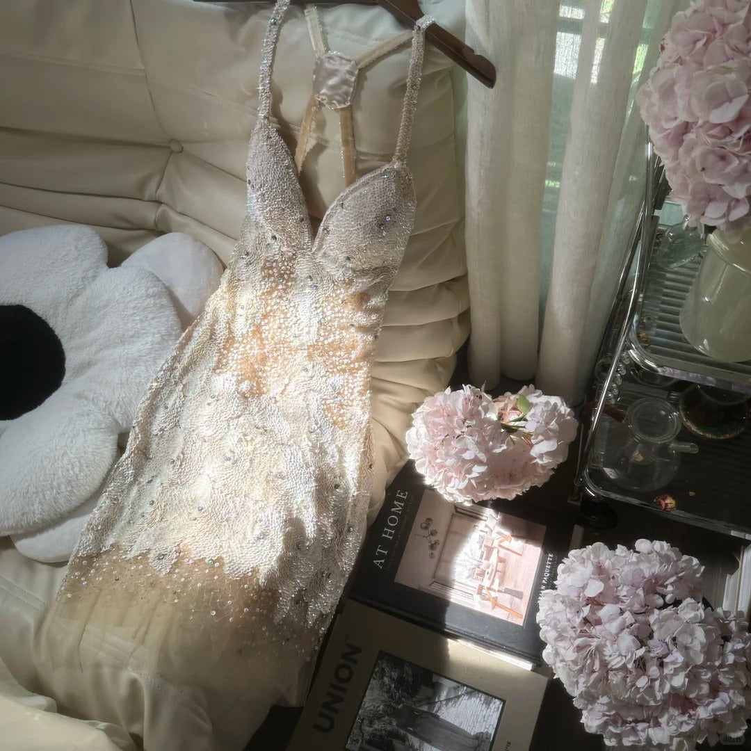 Ivory White Beaded Shiny Sequin Short Chiffon Homecoming Dress Prom Dress Party Dress gh4623