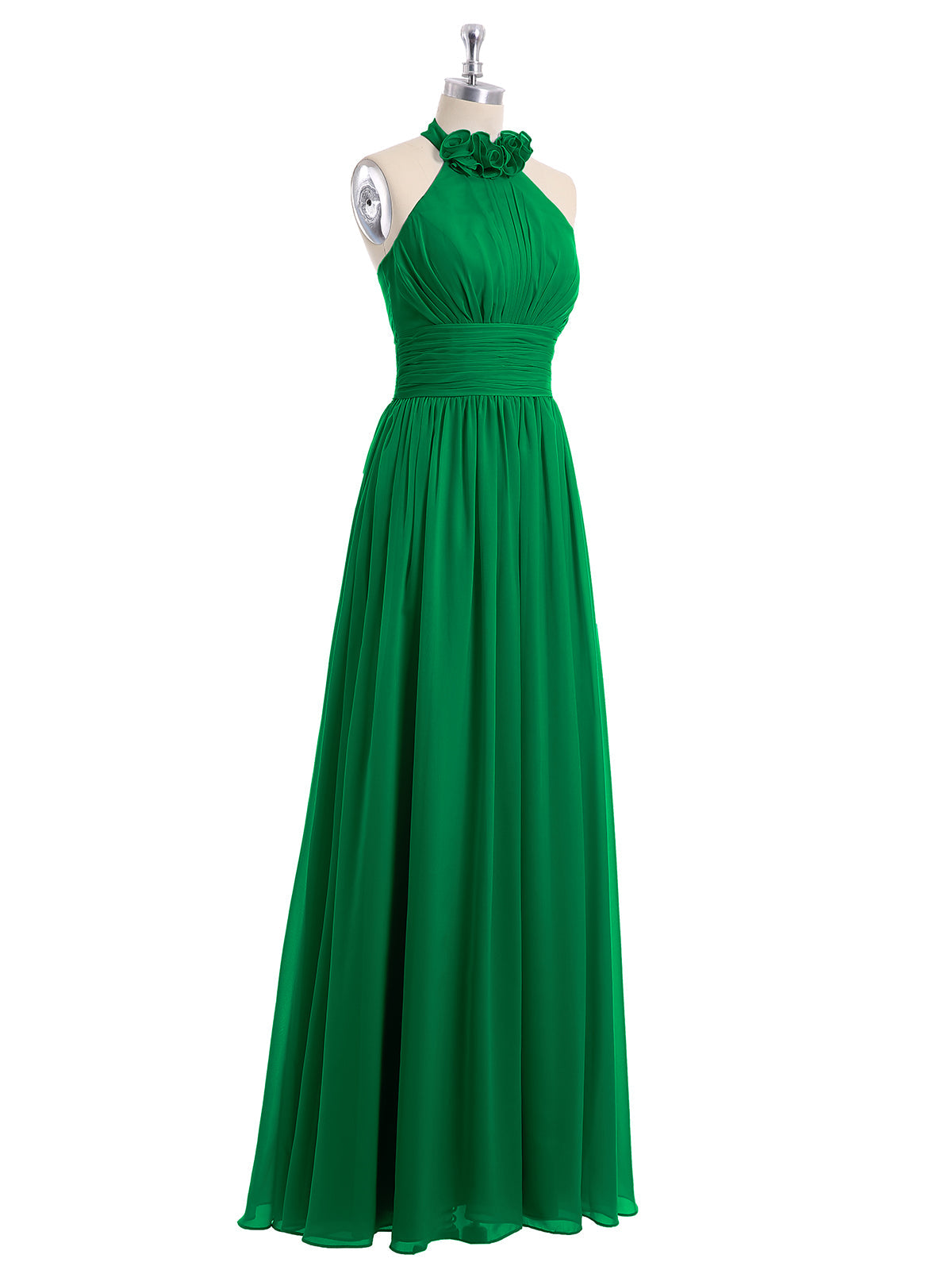 Halter Chiffon Full Length Dress with Flowers-Emerald