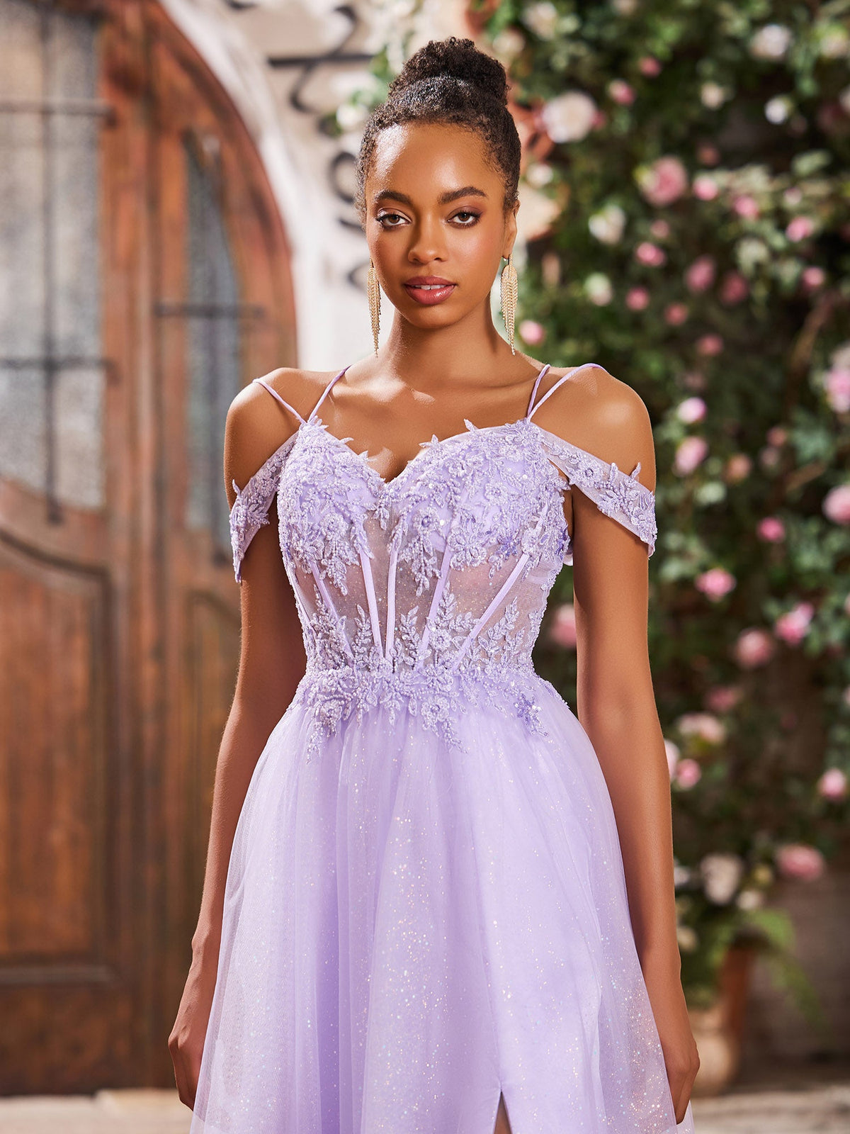 Off-The-Shoulder Beaded Appliqued Maxi Dresses with Slit Lilac