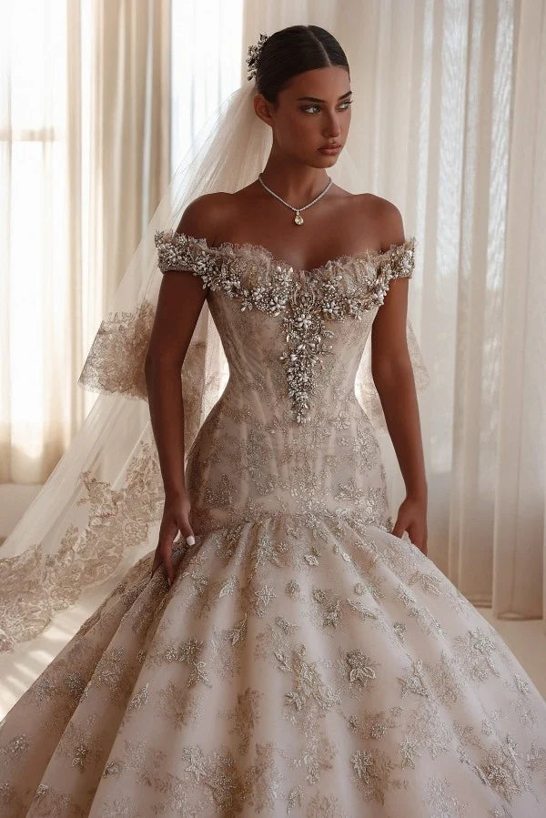 Luxury Off-the-Shoulder Mermaid Wedding Dress Lace with Crystals