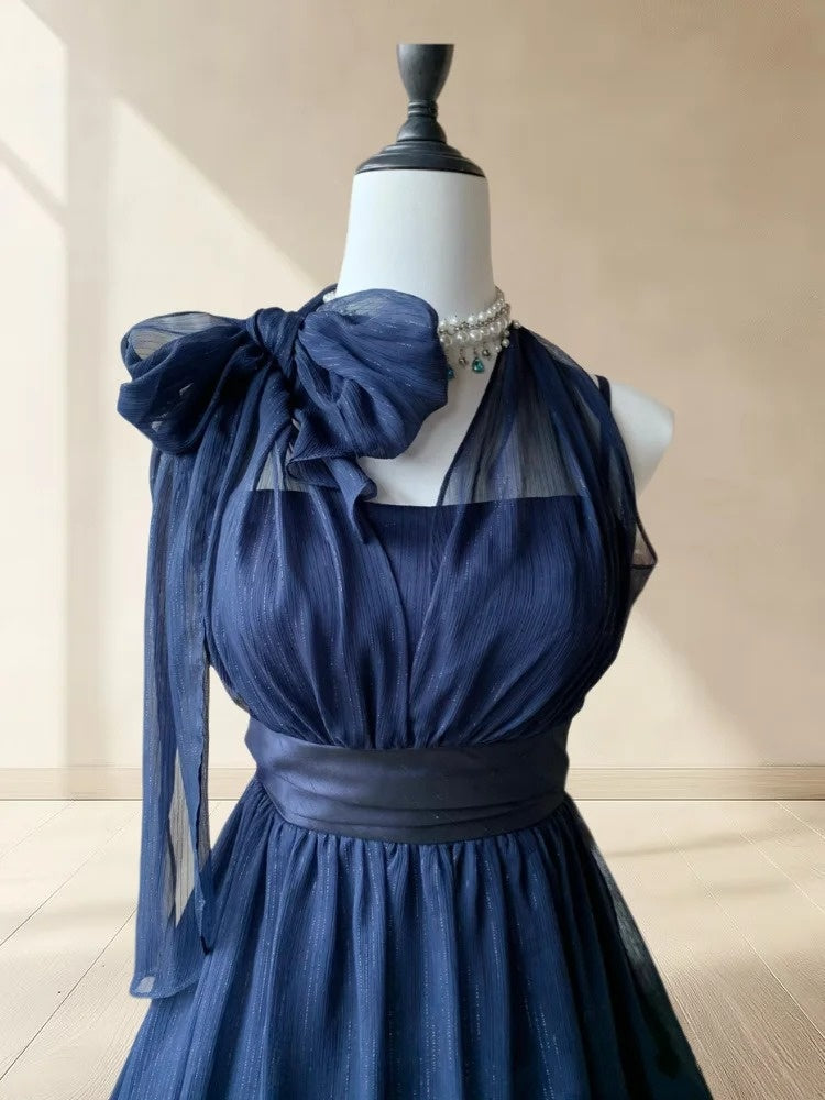 Beauty Homecoming Dress Navy Blue A Line Halter Pleated Short Prom Dress Party Dress Casual Dress HZ0319