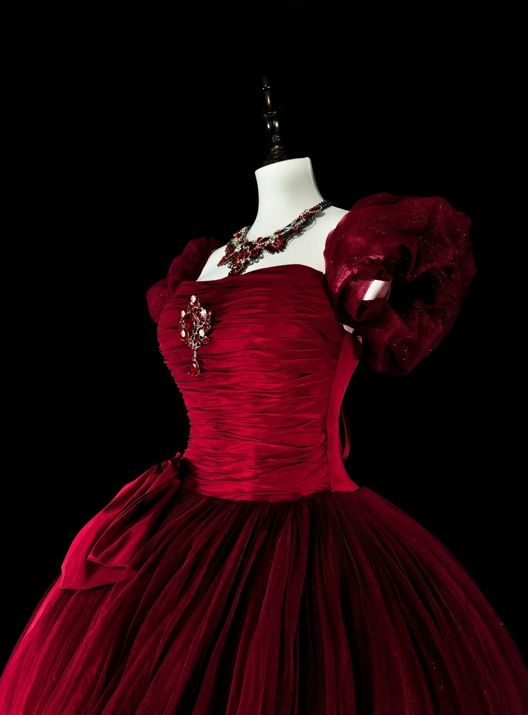 Elegant Prom Dress Wine Red Square Neck Pleated Tulle Ball Gown Evening Dress Birthday Dress HZ0319