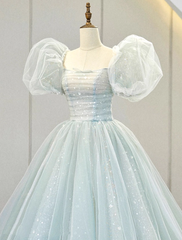 Newest Prom Dress Square Neck Tulle Pleated Ball Gown Evening Dress Birthday Outfits HZ0319