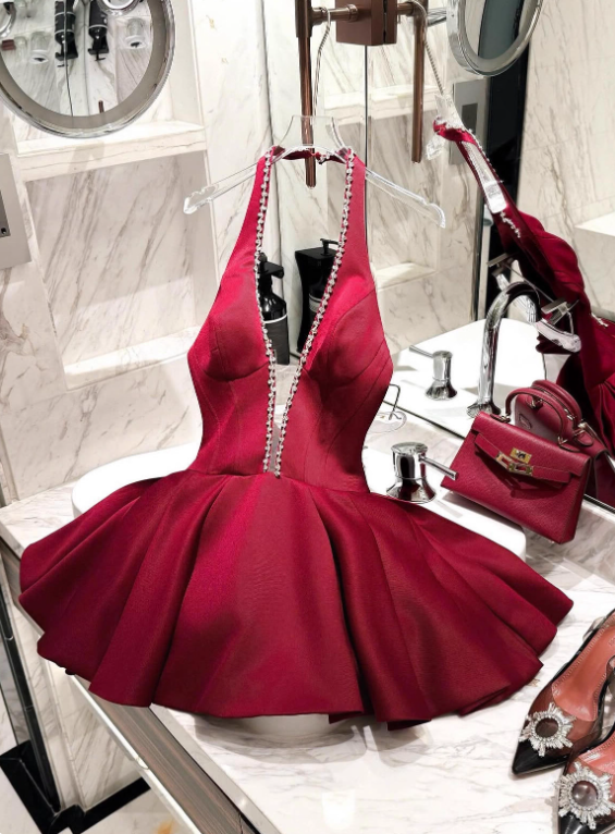 Beauty Homecoming Dress Wine Red Halter Short Prom Dress Cocktail Dress Birthday Party Outfits HZ0319