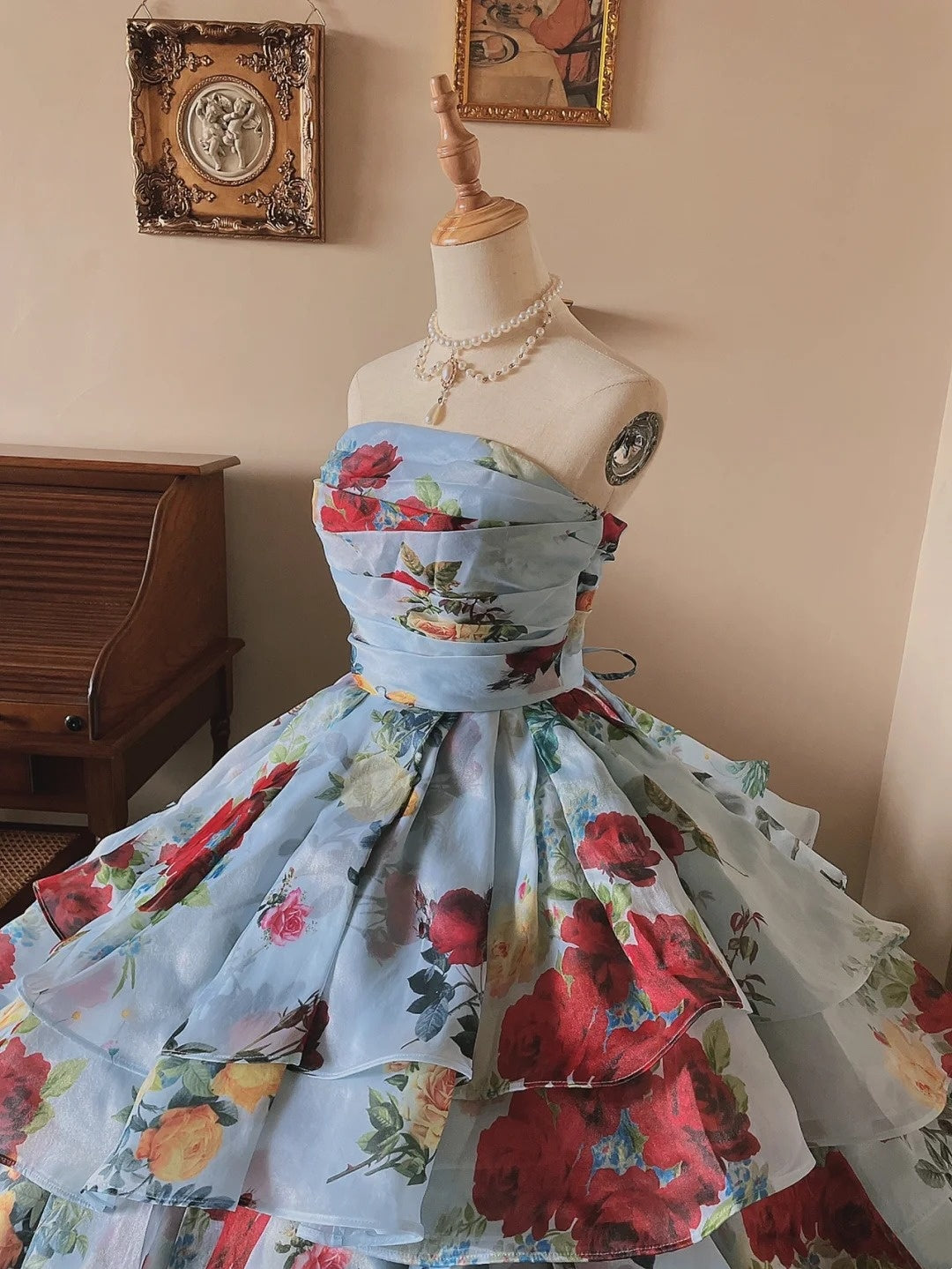 Elegant Prom Dress Strapless Print Tiered Evening Dress Quinceanera Dress Ball Gown HZ0319